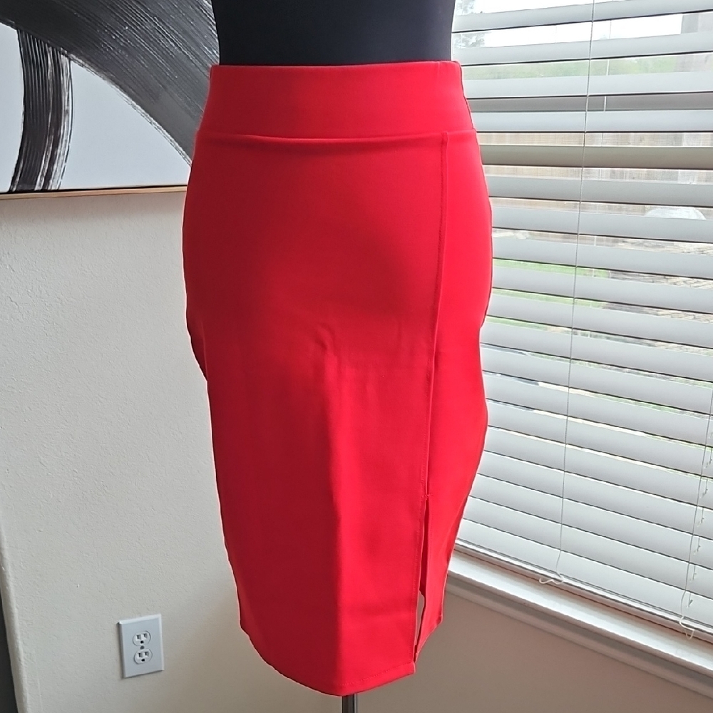 Women's Red High-Waist Pencil Skirt with Side Slit